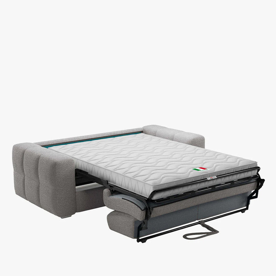 SAMINA Canapé 3 places convertible en tissu bouclette gris matelas Memory 14 cm — aperçu vidéo