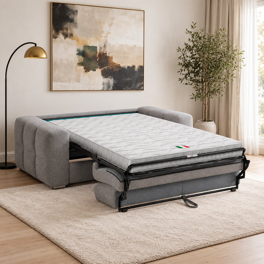 SAMINA Canapé 3 places convertible en tissu bouclette gris matelas Memory 14 cm — aperçu vidéo
