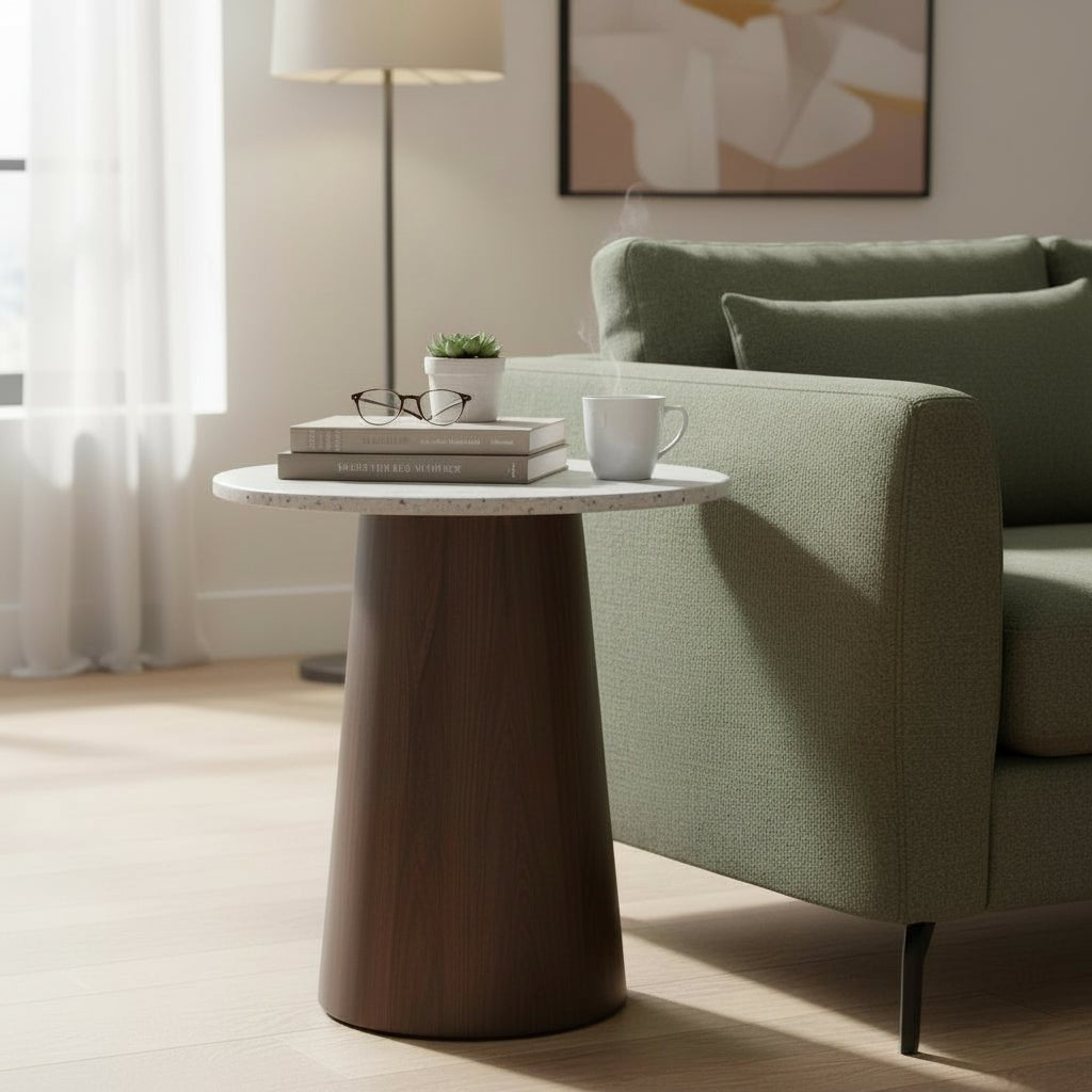 SANA - 40 Table d'appoint en marbre composite pieds couleur bois foncé D40 cm - Table basse - Mobilier Deco