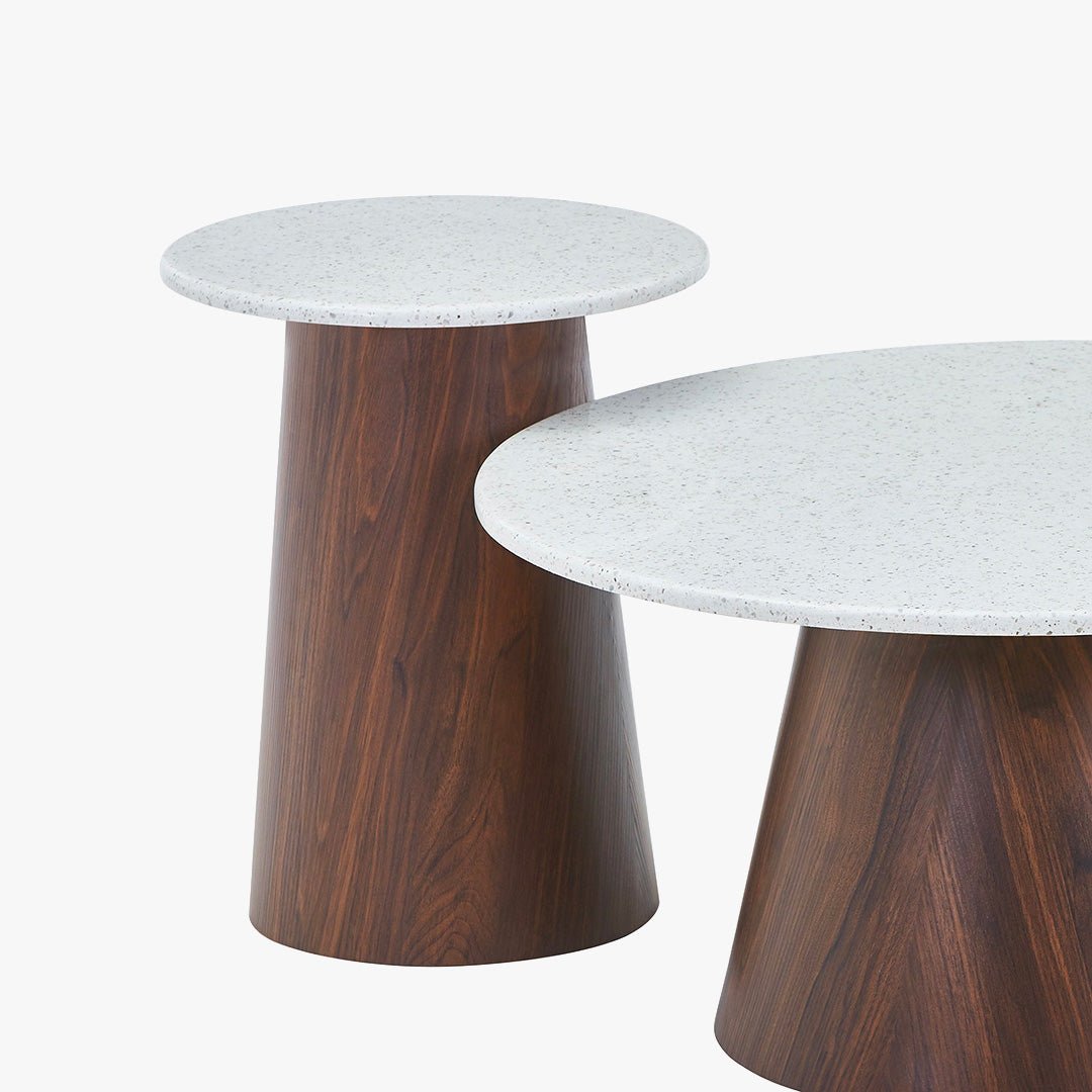 SANA - 40 Table d'appoint en marbre composite pieds couleur bois foncé D40 cm - Table basse - Mobilier Deco