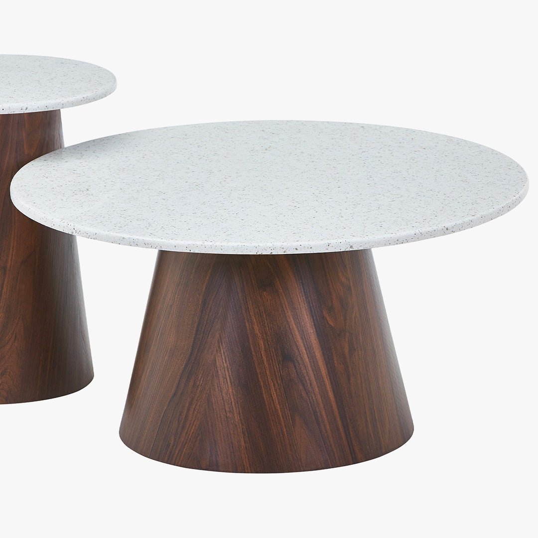 SANA - 80 Table basse ronde en marbre composite pieds couleur bois foncé  D80 cm - Table basse - Mobilier Deco