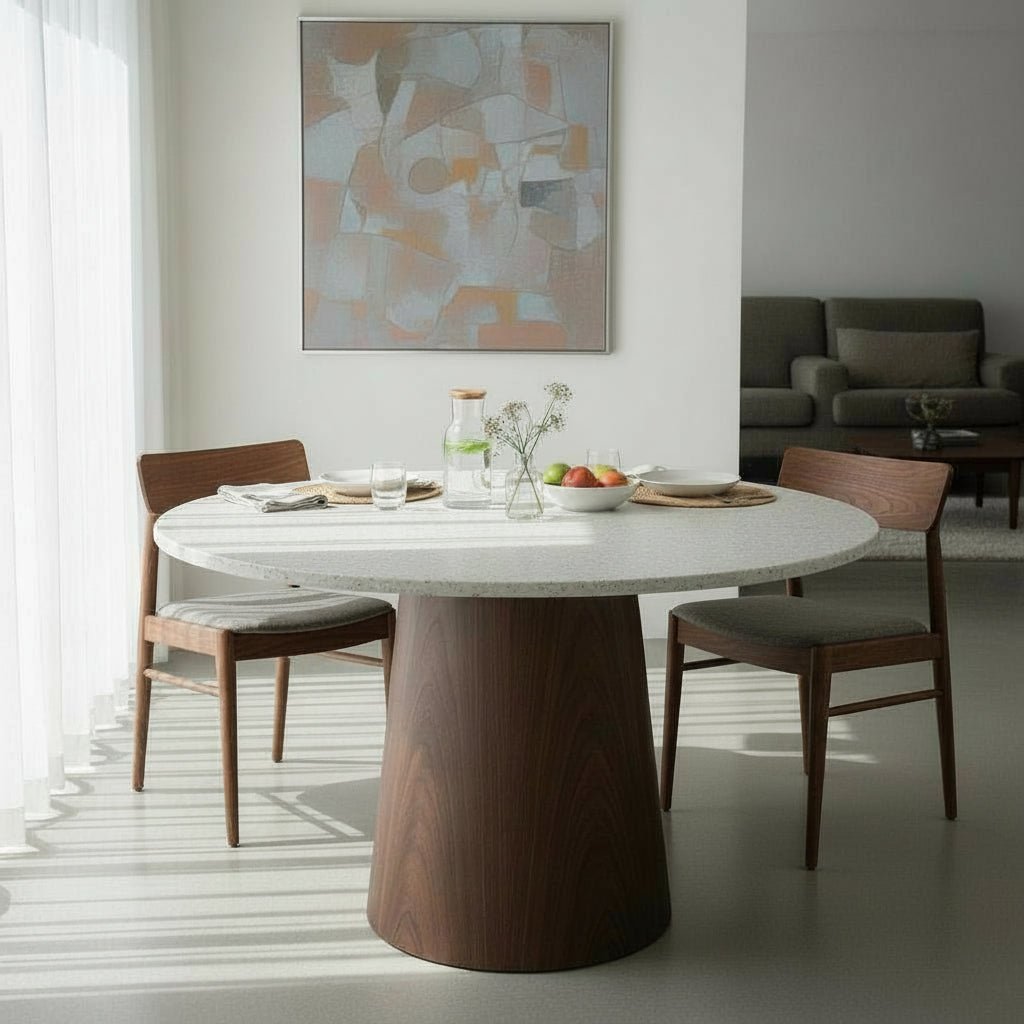 SANA XL Table à manger ronde en marbre composite pieds couleur bois foncé  120 cm - Table à manger - Mobilier Deco