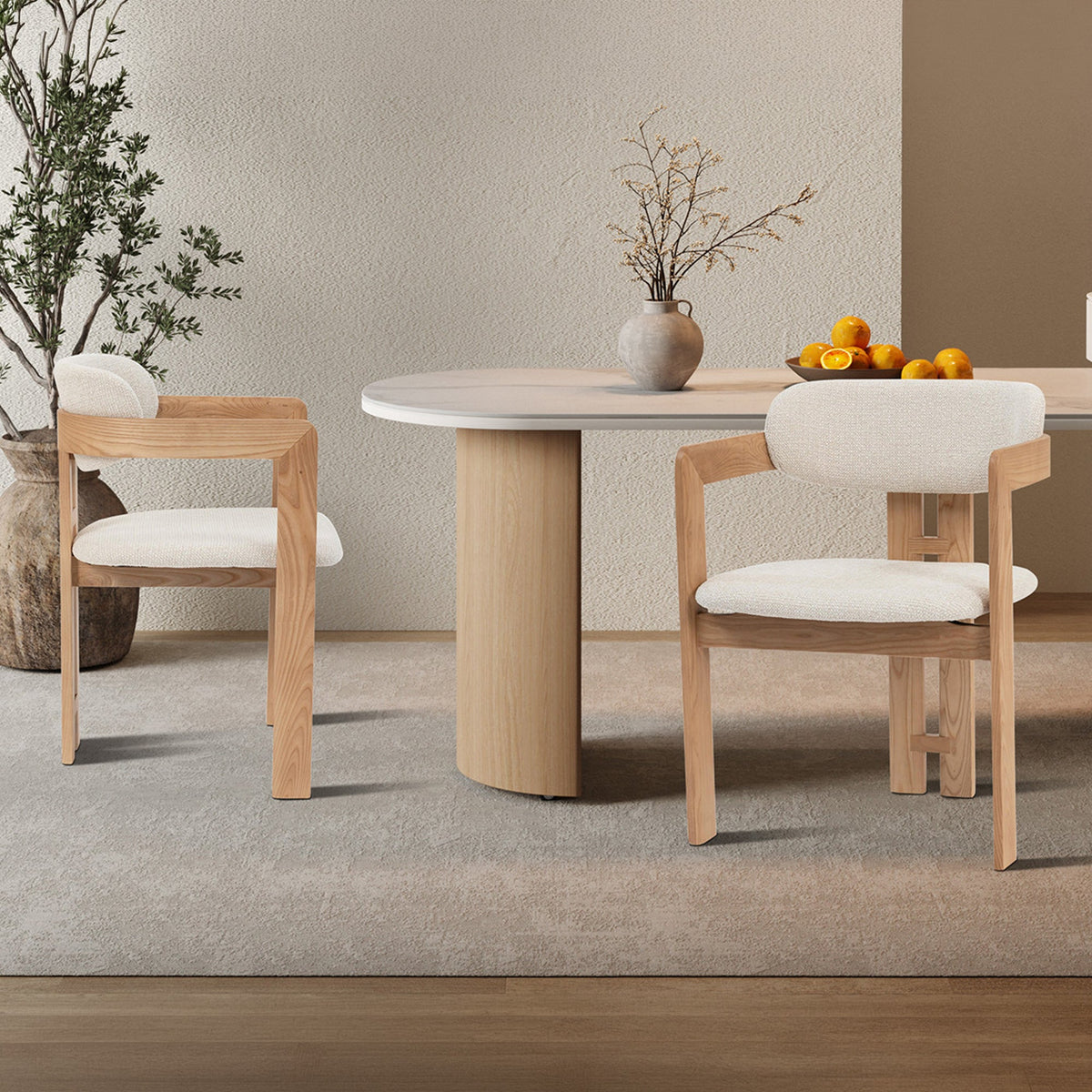 SANDRA Lot de 2 chaises de repas en tissu beige pieds en chêne massif clair - Mobilier Deco
