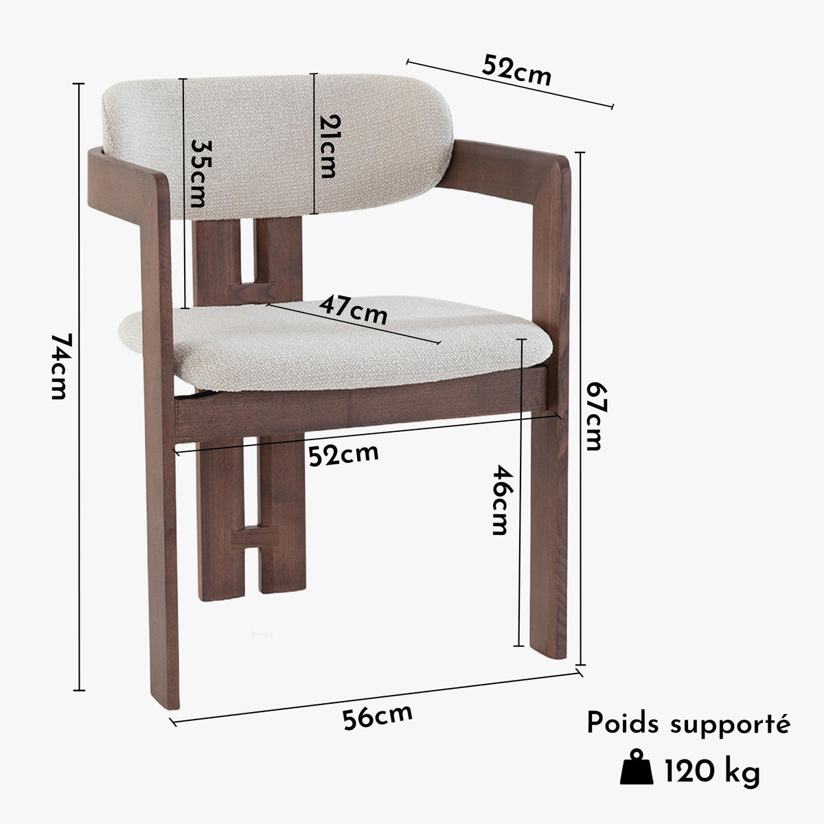 SANDRA Lot de 2 chaises de repas en tissu beige pieds en chêne massif foncé - Mobilier Deco