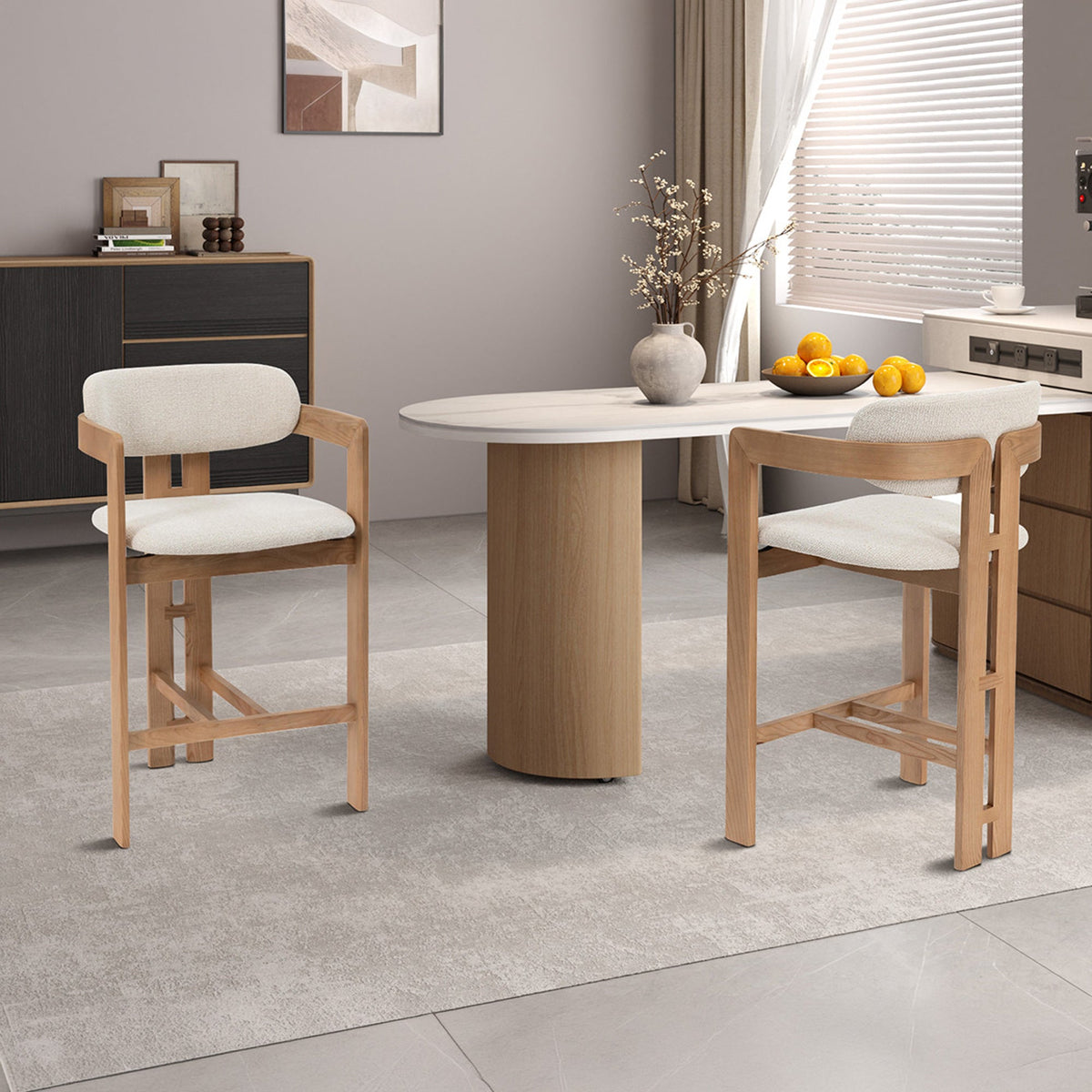 SANDRA Tabouret en tissu beige pieds en chêne massif clair - Mobilier Deco