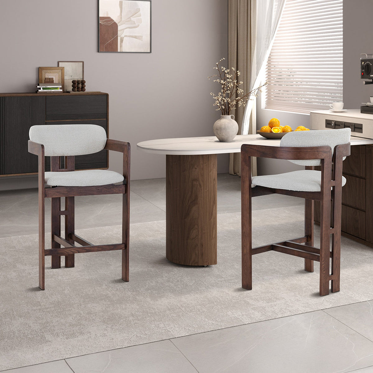 SANDRA Tabouret en tissu beige pieds en chêne massif foncé - Mobilier Deco