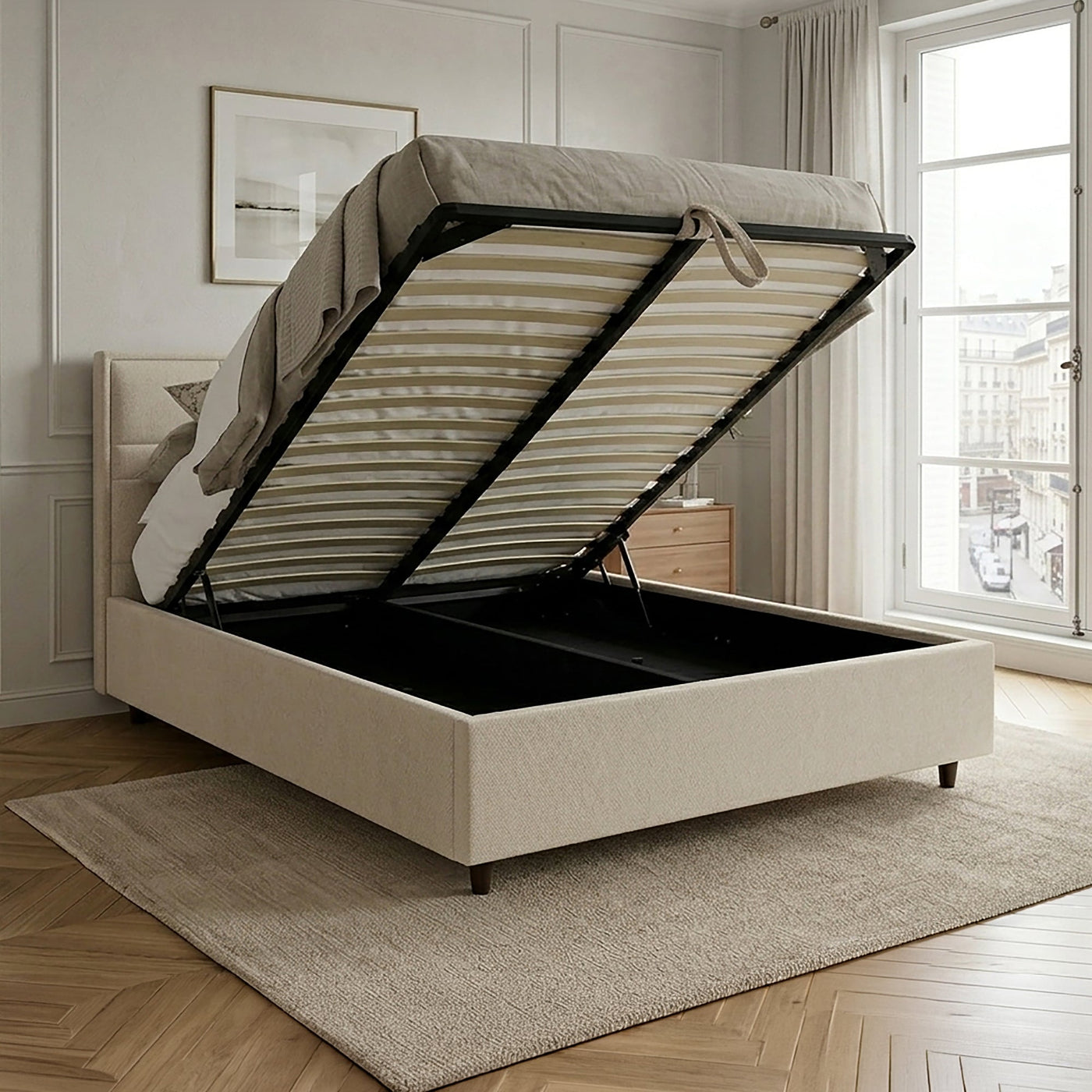 SANEL Lit double en tissu beige avec coffre 160x200 cm - Lits - Mobilier Deco