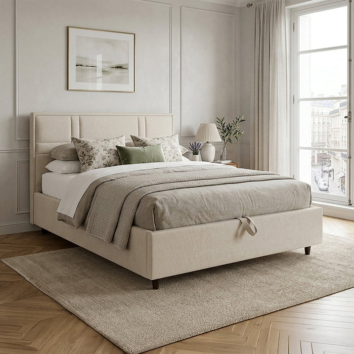 SANEL Lit double en tissu beige avec coffre 180x200 cm
