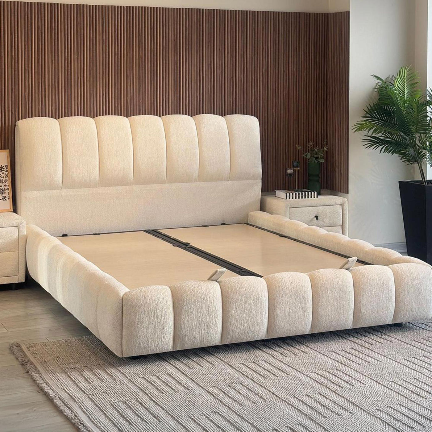 SAPHIRA Lit double tissu beige avec coffre 160x200 cm - Lits - Mobilier Deco