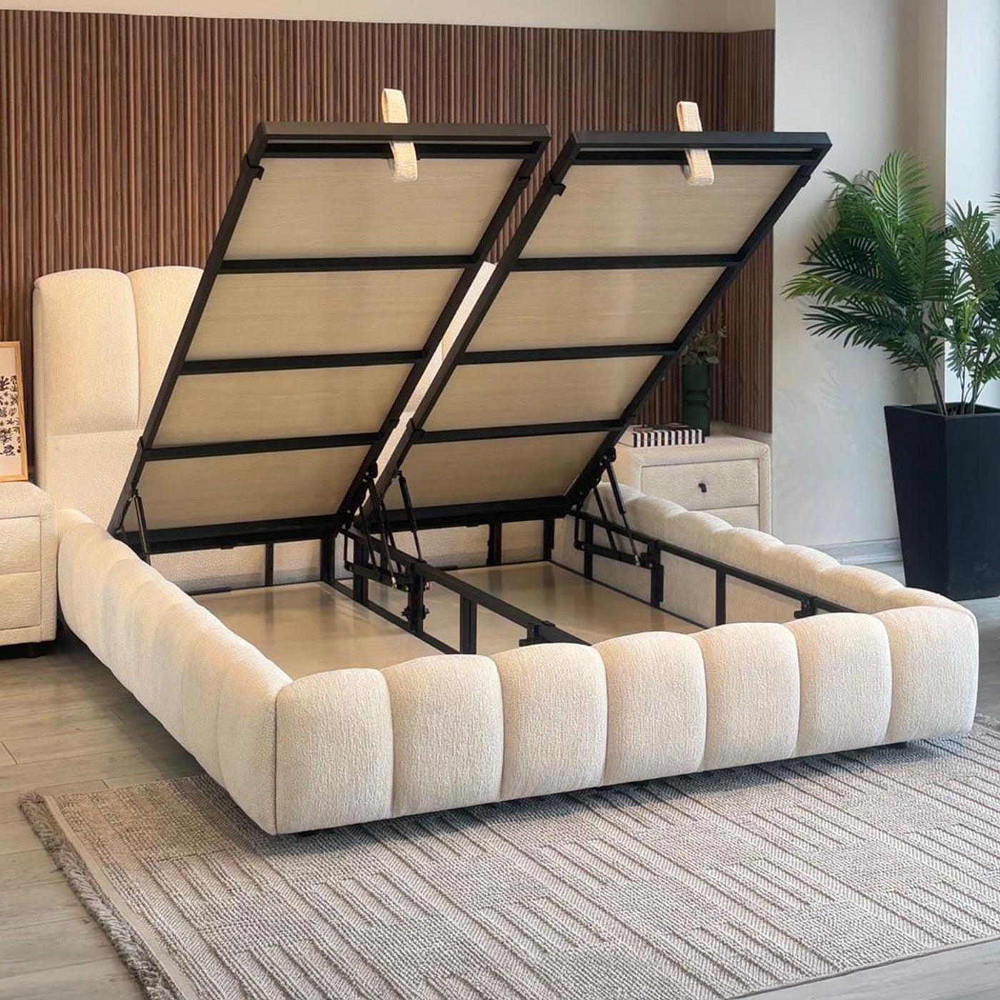 SAPHIRA Lit double tissu beige avec coffre 160x200 cm - Lits - Mobilier Deco