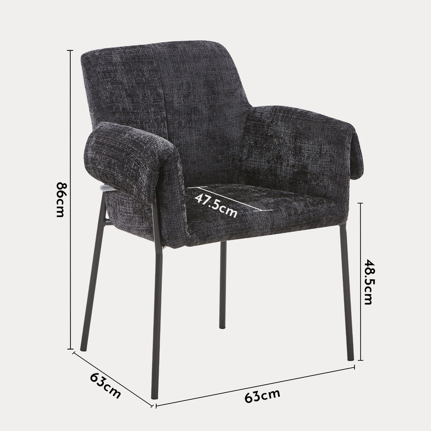 SARA Chaise en tissu noir pieds en métal noir - Chaise de repas - Mobilier Deco