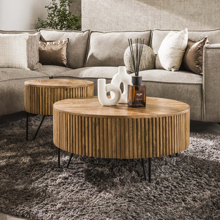 SAREN Lot de 2 tables en bois de manguier piètement en acier noir – Table basse Mobilier Deco