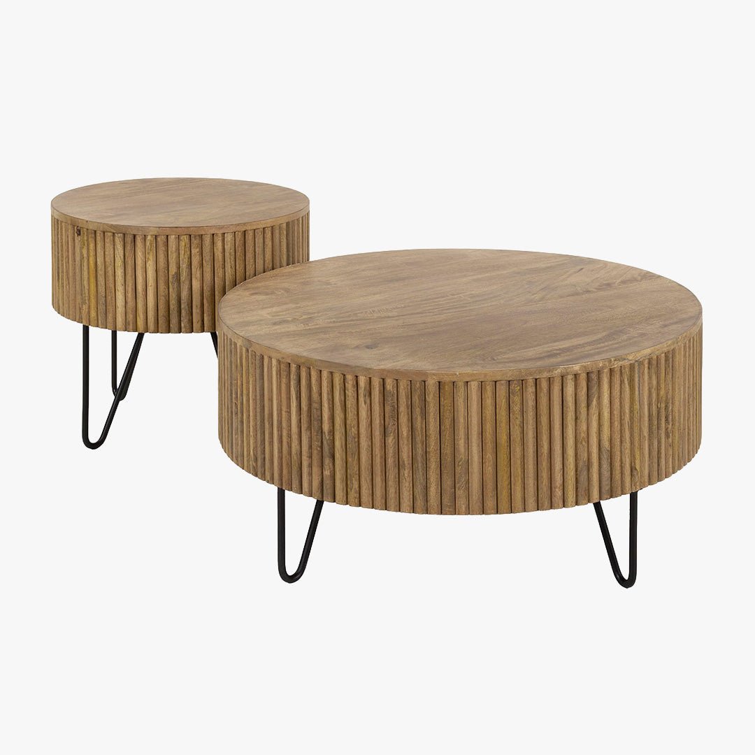 SAREN Lot de 2 tables en bois de manguier piètement en acier noir - Table basse - Mobilier Deco