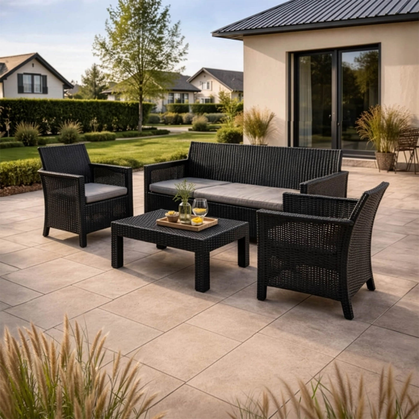 SAVIO Ensemble de mobilier de jardin 5 places avec table noir - Mobilier de jardin - Mobilier Deco