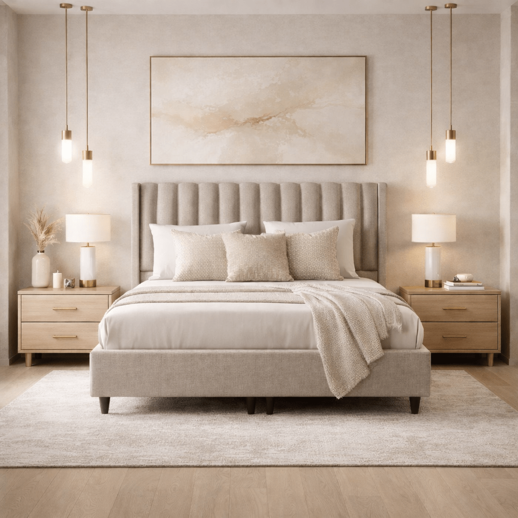 SAYA Lit coffre en tissu beige 180x200 cm - Lits - Mobilier Deco