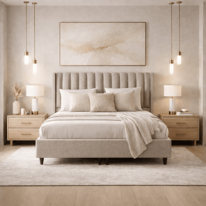 SAYA Lit coffre en tissu beige 180x200 cm