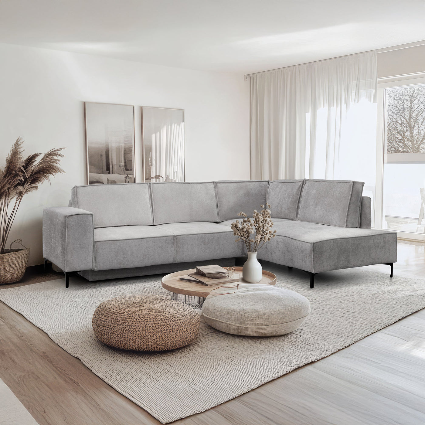 SAYLA Canapé d'angle convertible en tissu gris clair - Angle droit - Canapé d'angle convertible - Mobilier Deco