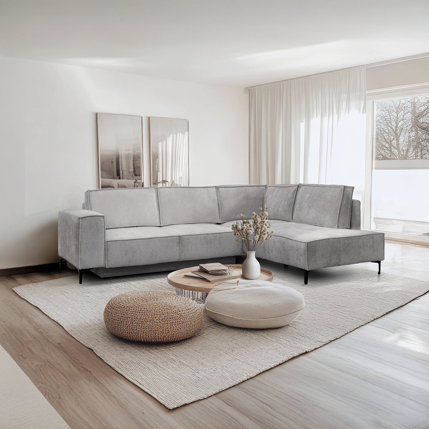 SAYLA Canapé d'angle convertible en tissu gris clair - Angle droit - Canapé d'angle convertible - Mobilier Deco