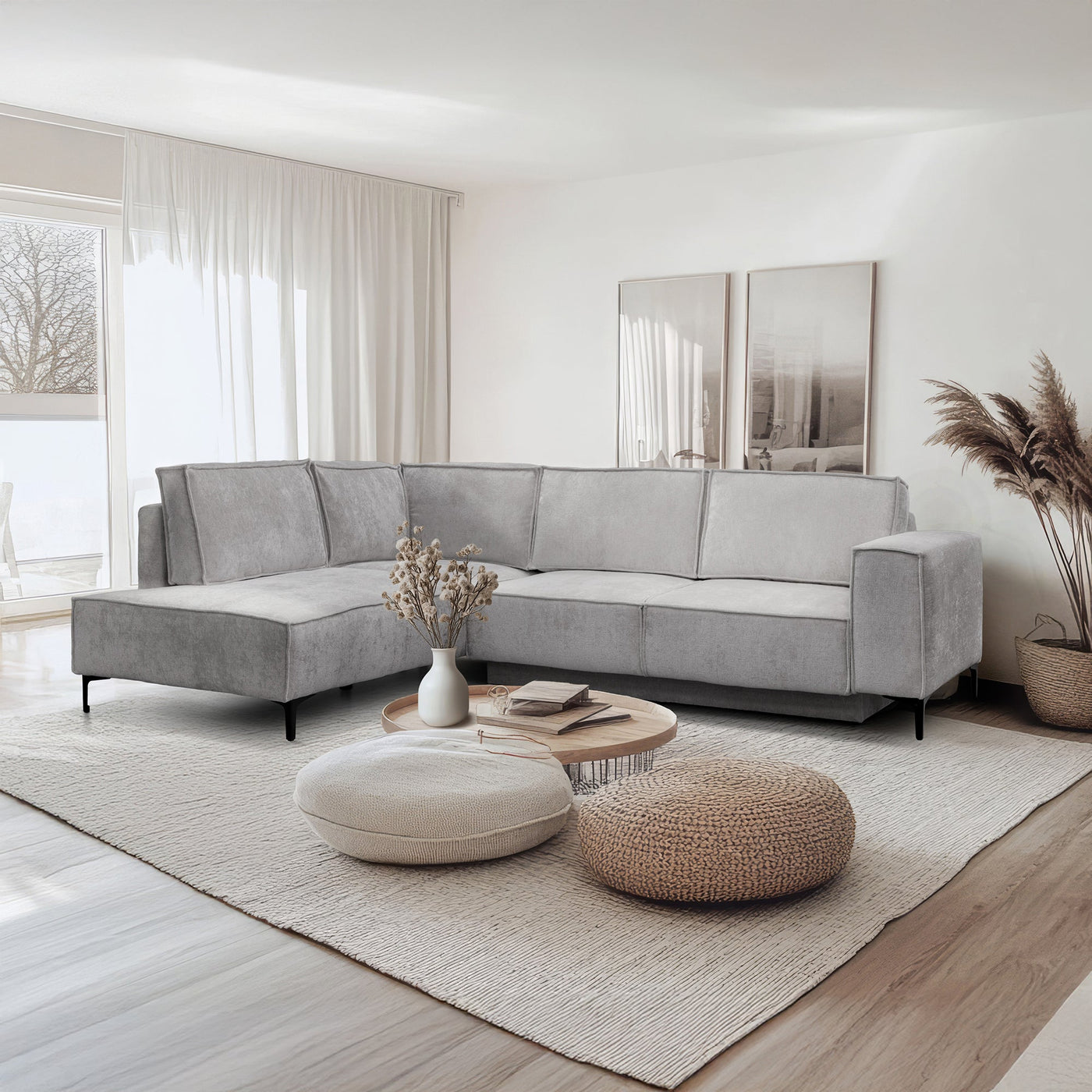 SAYLA Canapé d'angle convertible en tissu gris clair - Angle gauche - Canapé d'angle convertible - Mobilier Deco