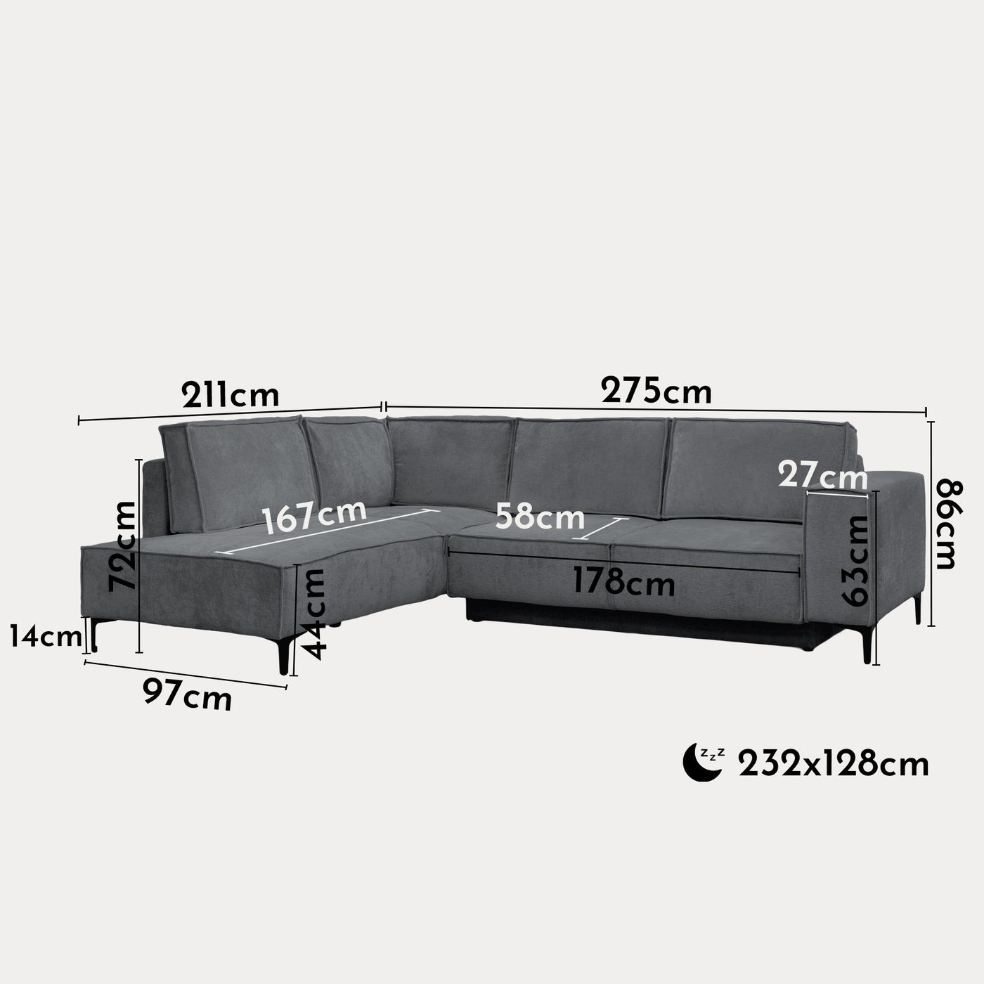 SAYLA Canapé d'angle convertible en tissu gris foncé - Angle gauche - Canapé d'angle convertible - Mobilier Deco