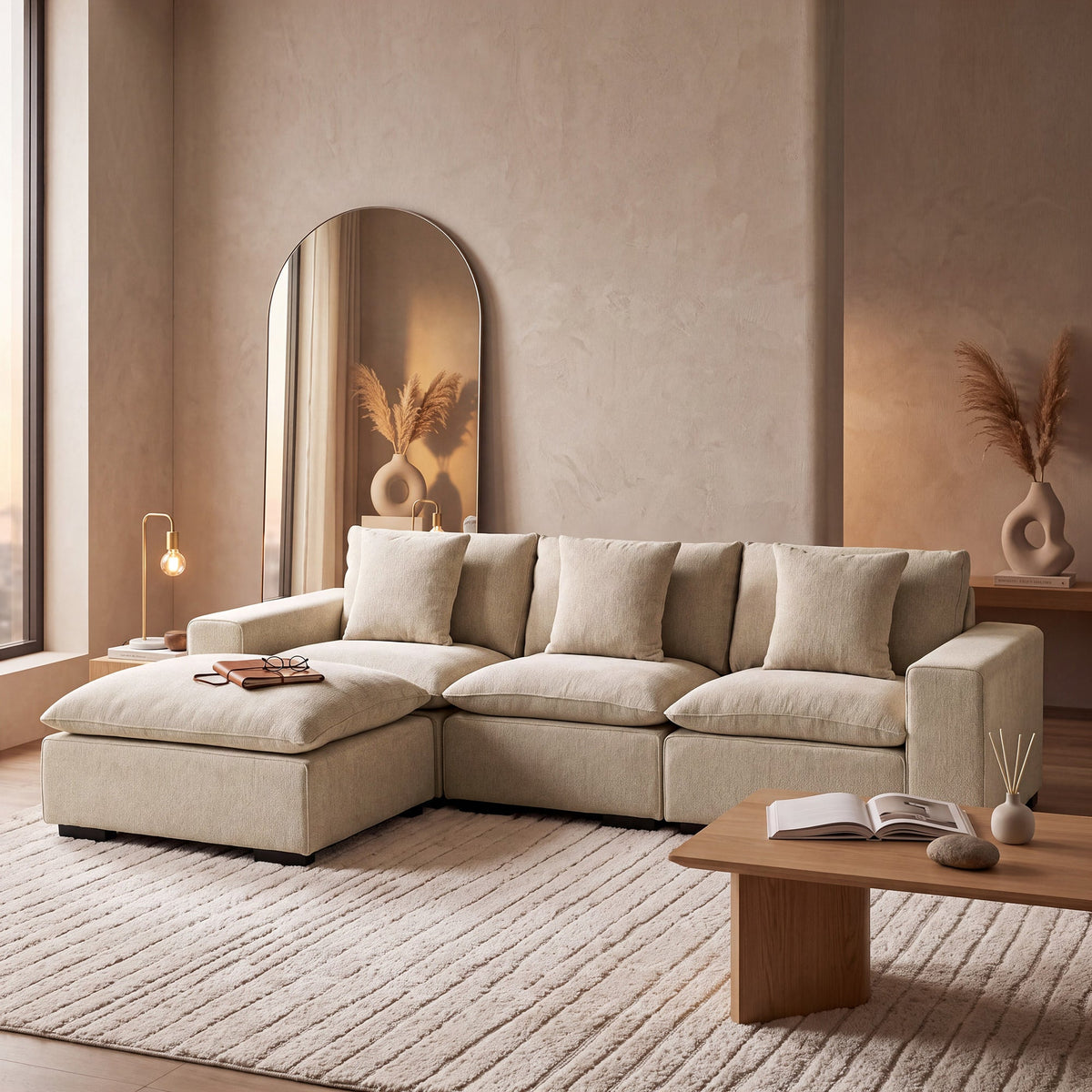 SELENIA Canapé d'angle modulable et réversible en tissu beige - Canapés d'angle - Mobilier Deco