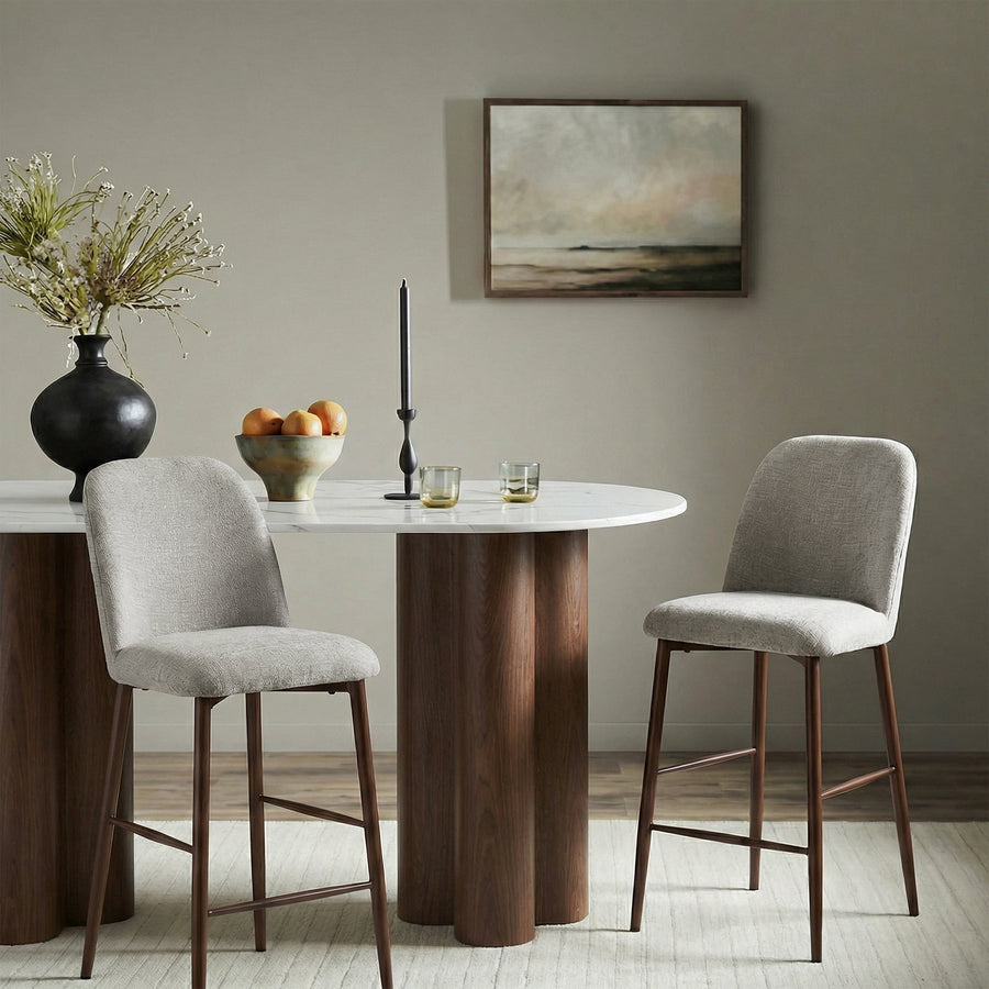 SELIA Lot de 2 tabourets en tissu taupe clair pieds couleur bois foncé — aperçu vidéo