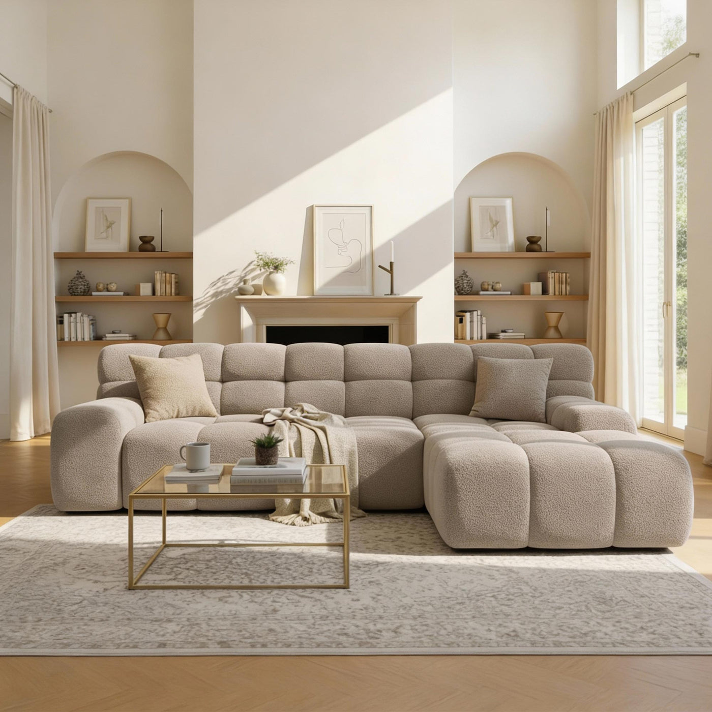 SERENA Canapé d'angle tissu bouclette beige foncé - Angle droit - Canapés d'angle - Mobilier Deco
