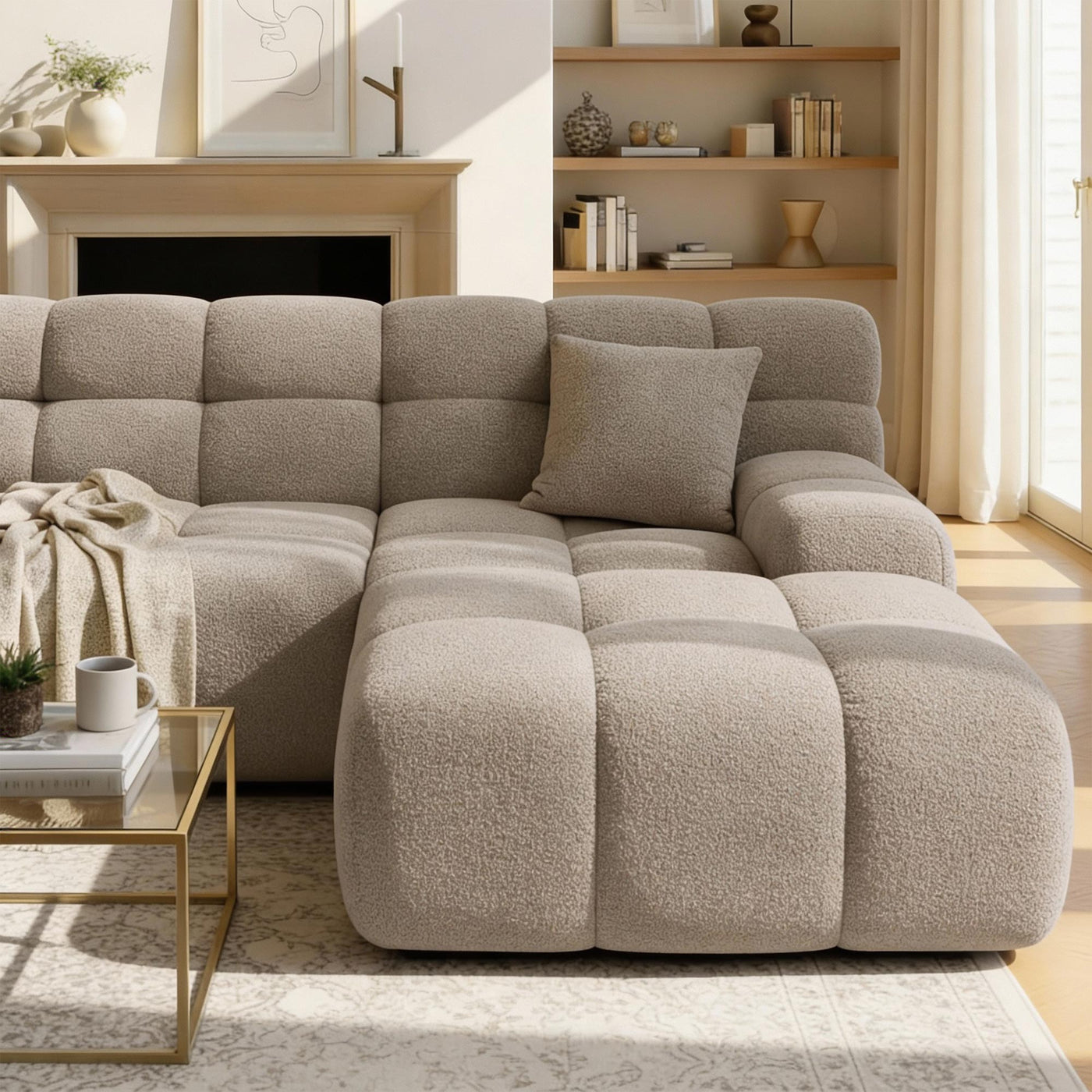 SERENA Canapé d'angle tissu bouclette beige foncé - Angle droit - Canapés d'angle - Mobilier Deco