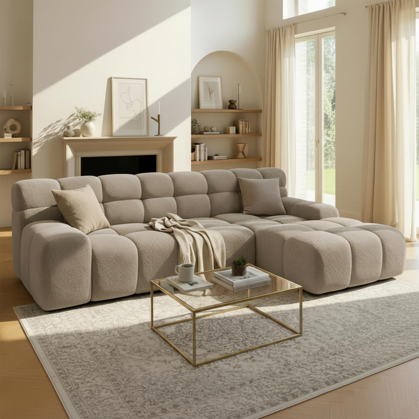 SERENA Canapé d'angle tissu bouclette beige foncé - Angle droit - Canapés d'angle - Mobilier Deco