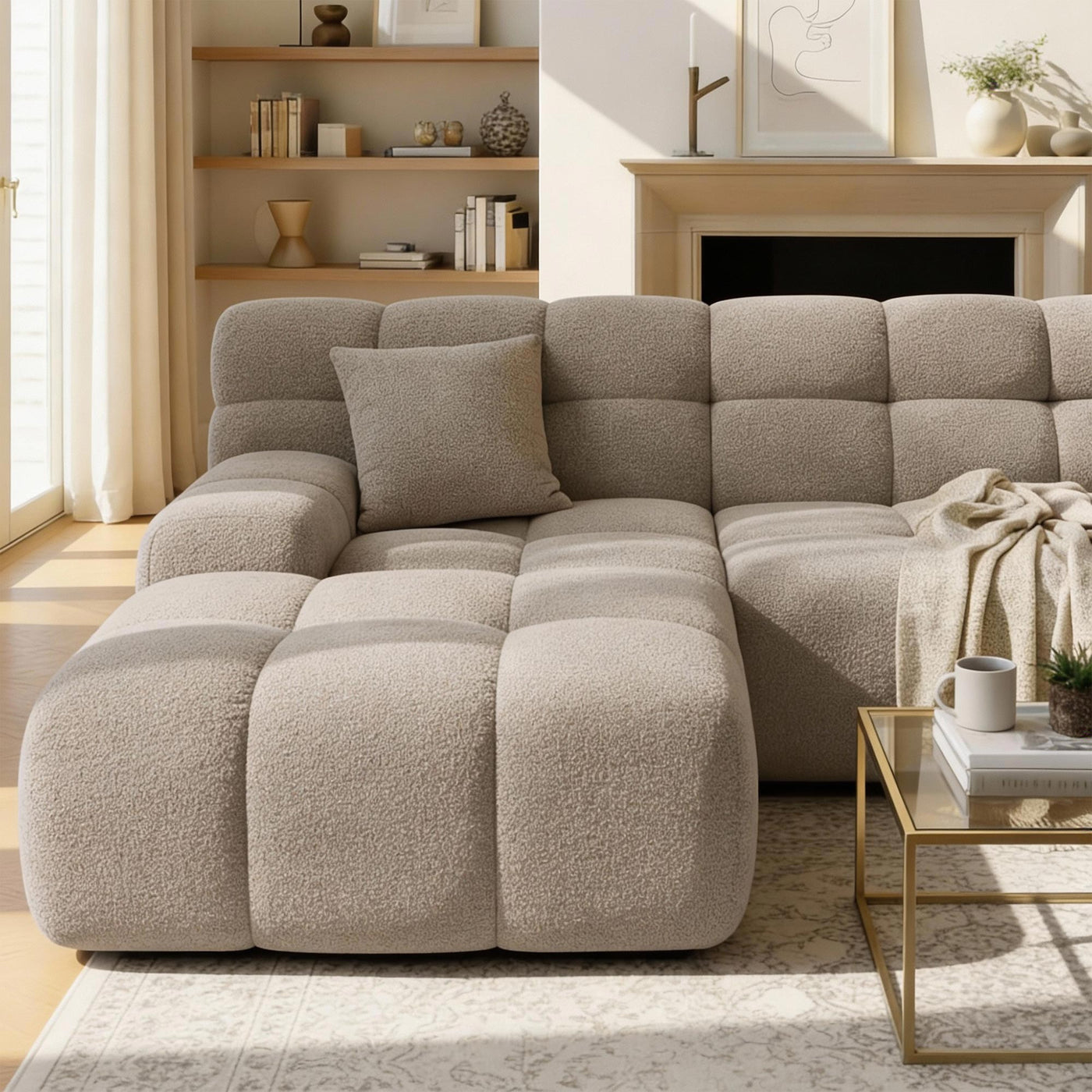 SERENA Canapé d'angle tissu bouclette beige foncé - Angle gauche - Canapés d'angle - Mobilier Deco