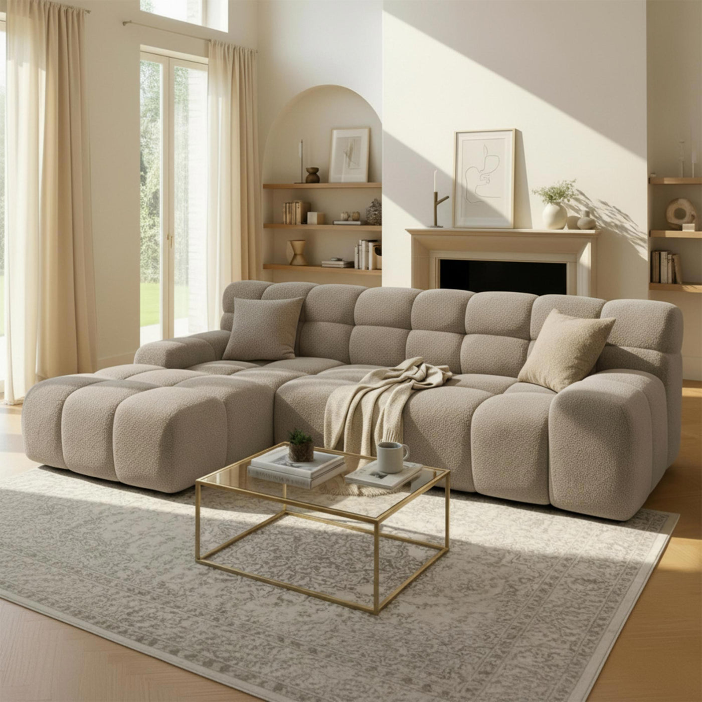 SERENA Canapé d'angle tissu bouclette beige foncé - Angle gauche - Canapés d'angle - Mobilier Deco