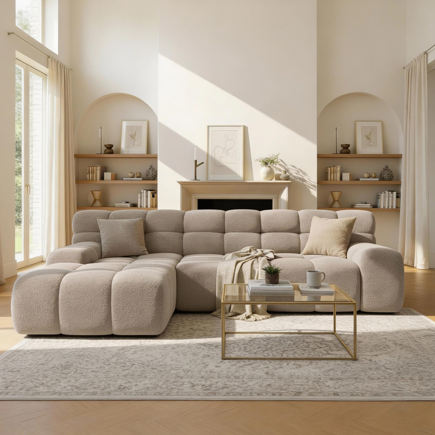 SERENA Canapé d'angle tissu bouclette beige foncé - Angle gauche - Canapés d'angle - Mobilier Deco