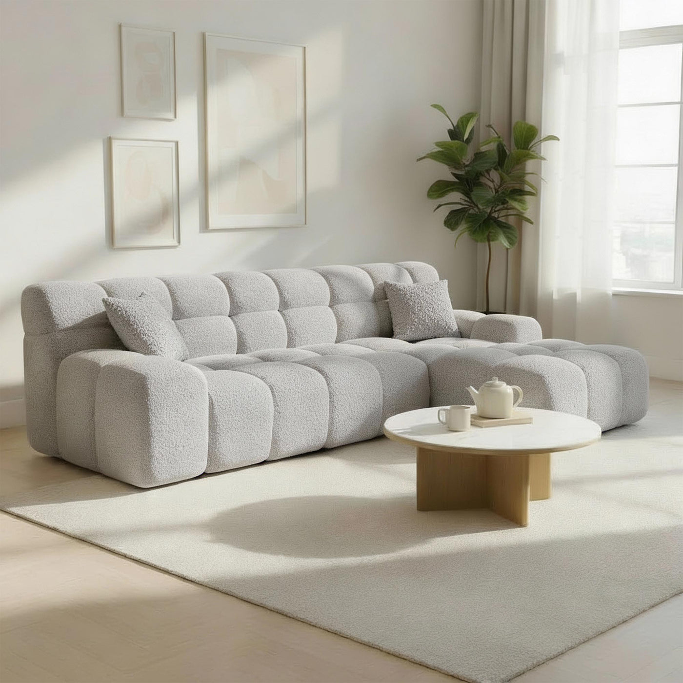 SERENA Canapé d'angle tissu bouclette gris clair - Angle droit - Canapés d'angle - Mobilier Deco