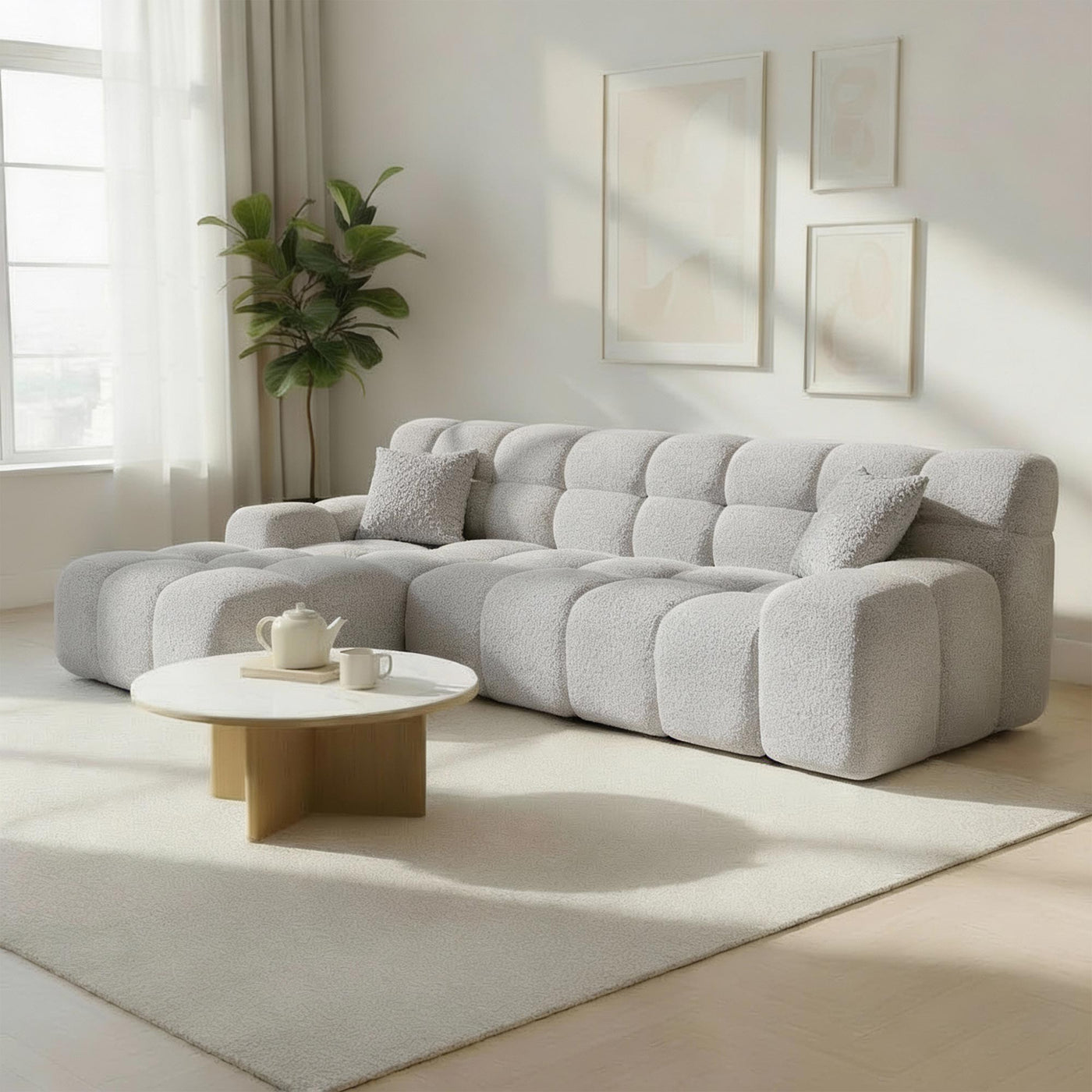 SERENA Canapé d'angle tissu bouclette gris clair - Angle gauche - Canapés d'angle - Mobilier Deco