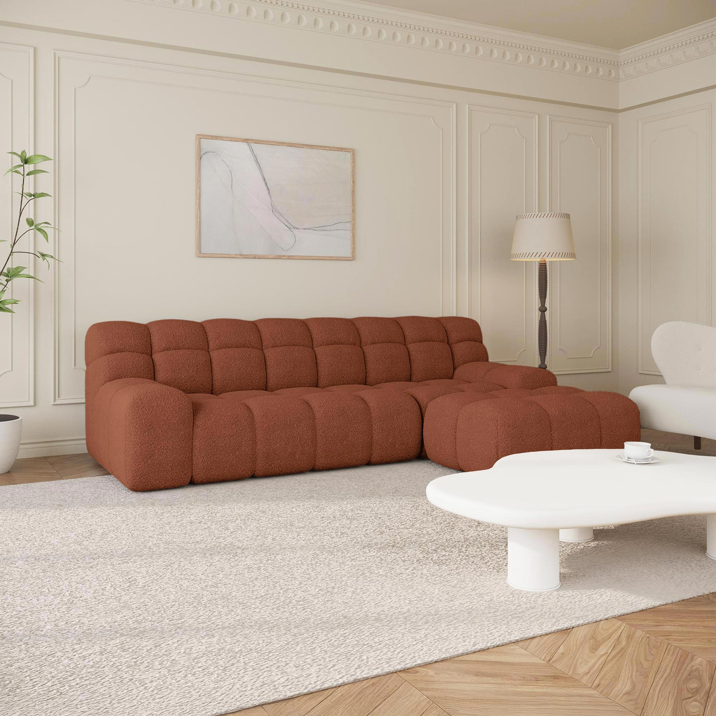 SERENA Canapé d'angle tissu bouclette orange - Angle droit - Canapés d'angle - Mobilier Deco
