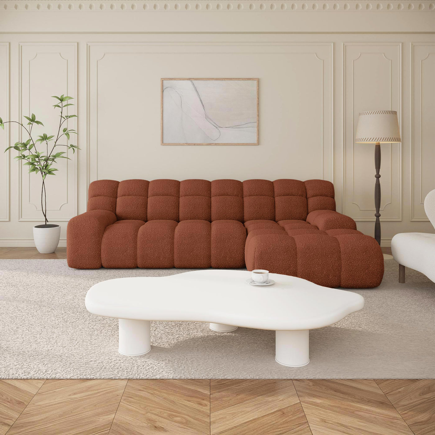SERENA Canapé d'angle tissu bouclette orange - Angle droit - Canapés d'angle - Mobilier Deco