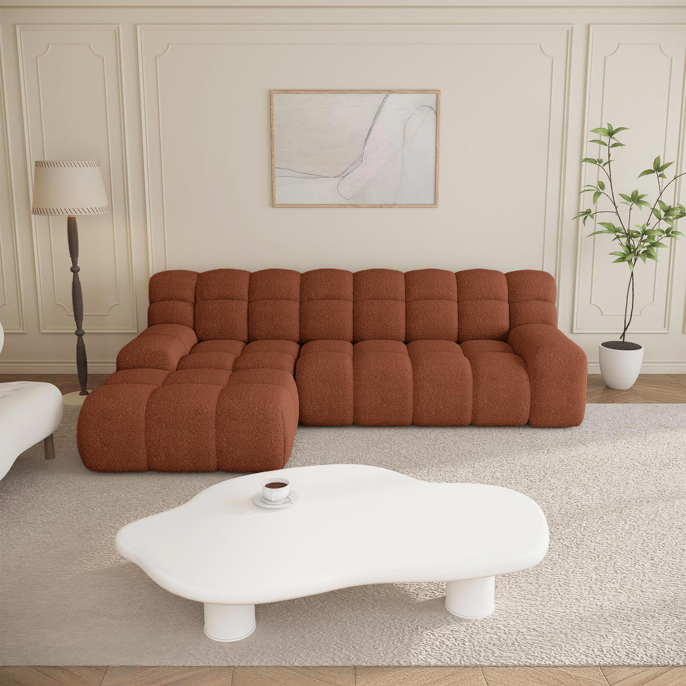SERENA Canapé d'angle tissu bouclette orange - Angle gauche - Canapés d'angle - Mobilier Deco