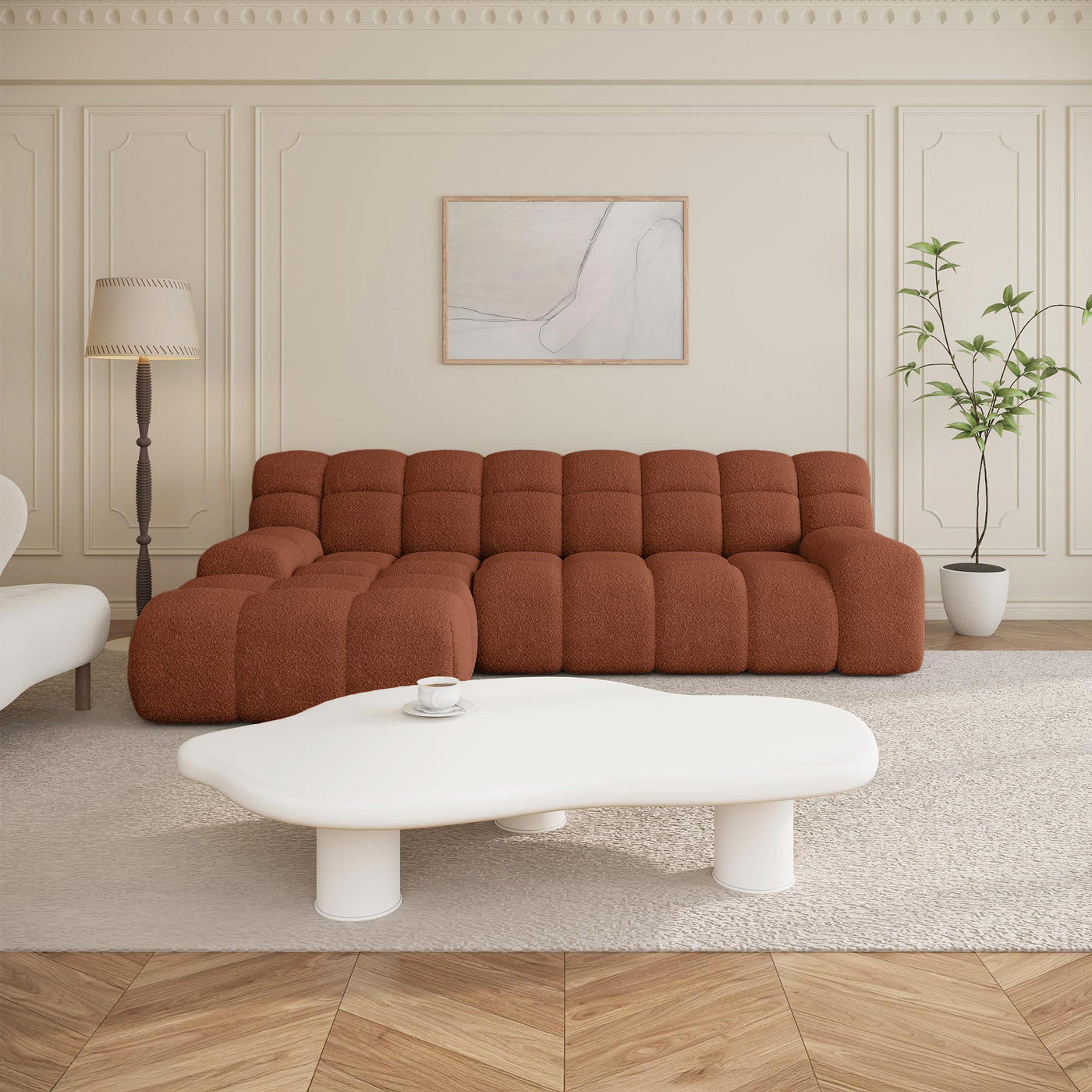 SERENA Canapé d'angle tissu bouclette orange - Angle gauche - Canapés d'angle - Mobilier Deco