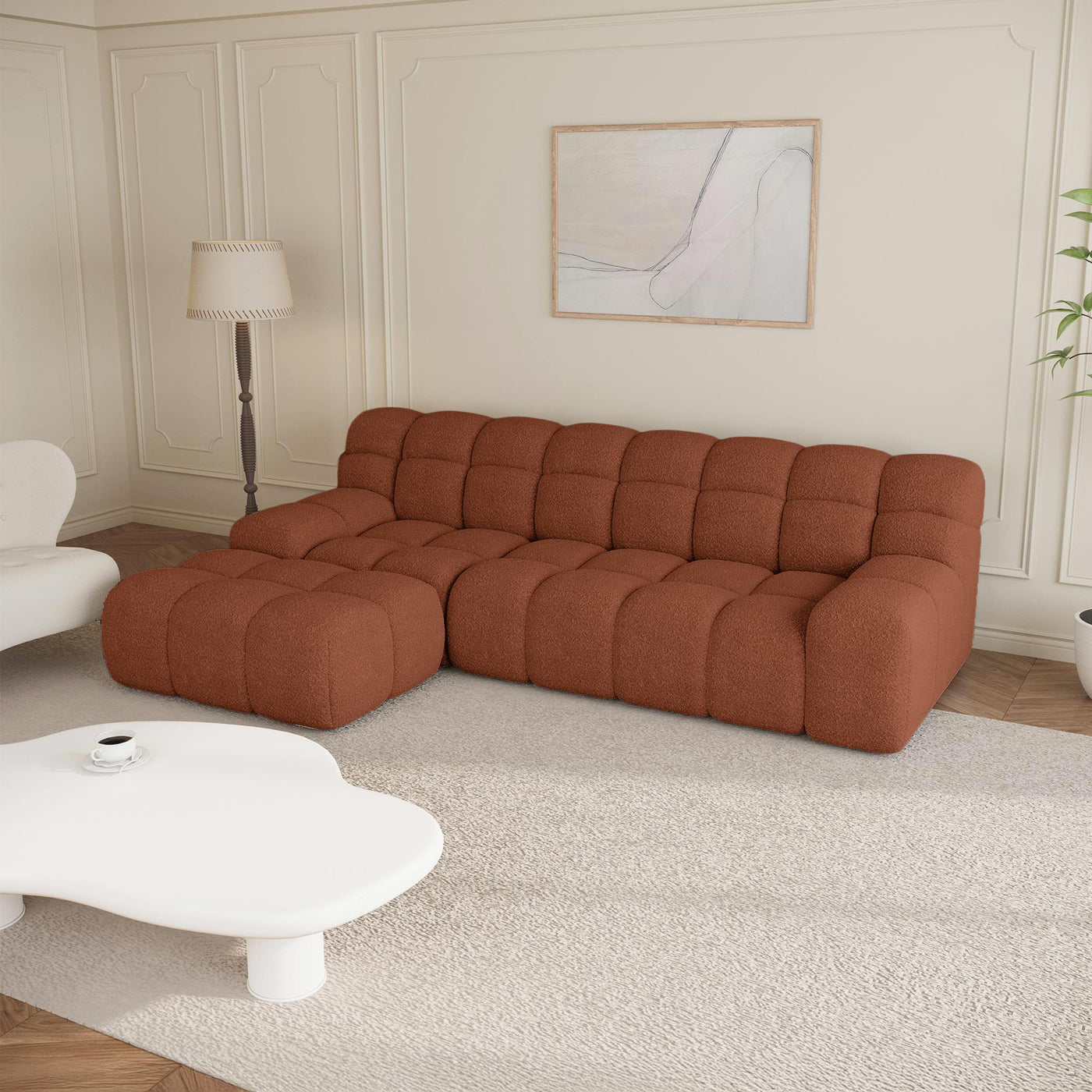 SERENA Canapé d'angle tissu bouclette orange - Angle gauche - Canapés d'angle - Mobilier Deco