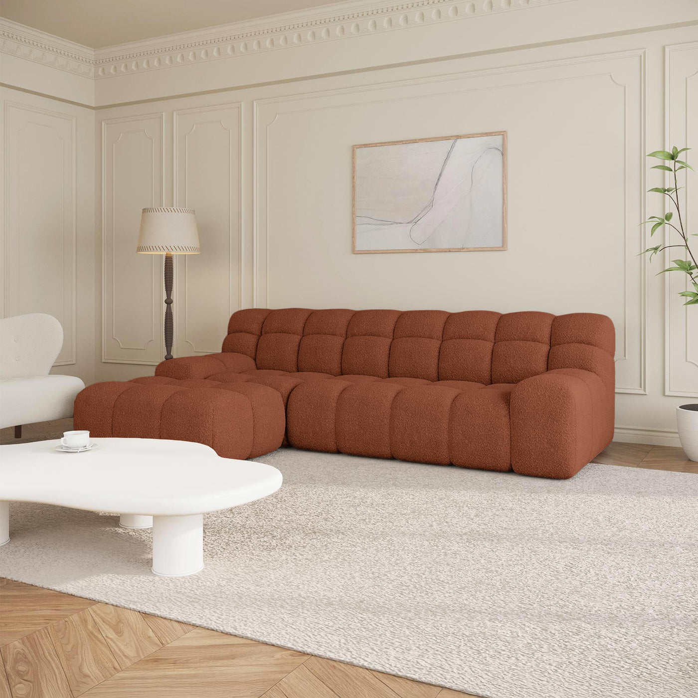 SERENA Canapé d'angle tissu bouclette orange - Angle gauche - Canapés d'angle - Mobilier Deco