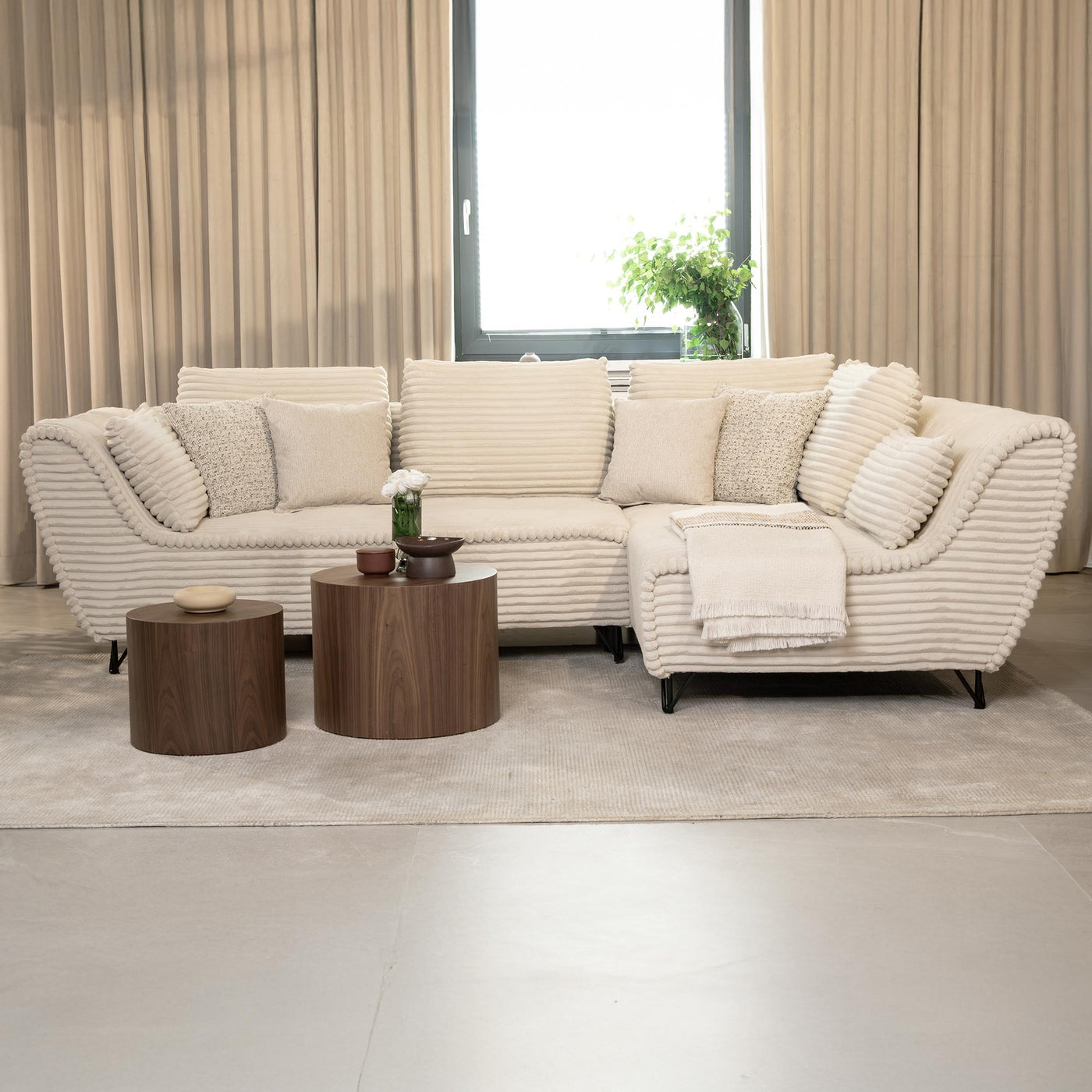 SEYNA Canapé d’angle convertible avec coffre en velours côtelé beige - Angle droit - Canapé d'angle convertible - Mobilier Deco