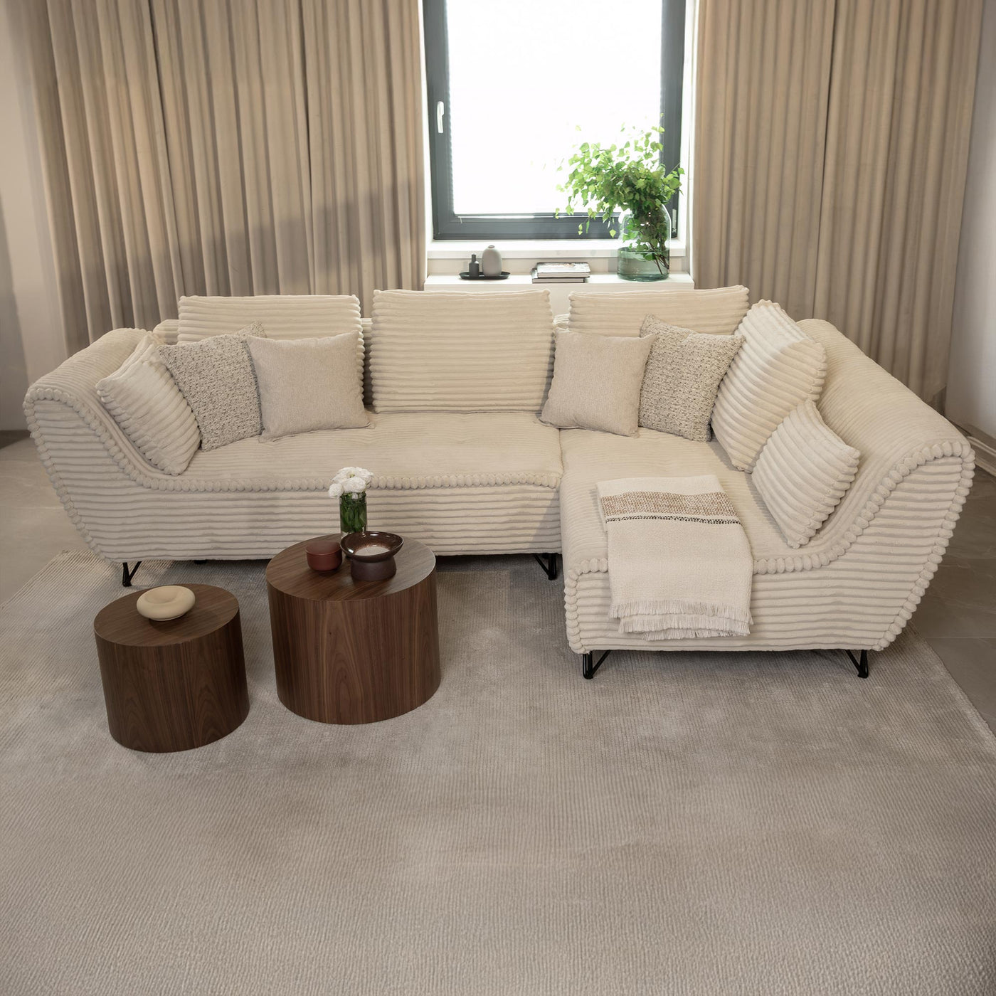 SEYNA Canapé d’angle convertible avec coffre en velours côtelé beige - Angle droit - Canapé d'angle convertible - Mobilier Deco