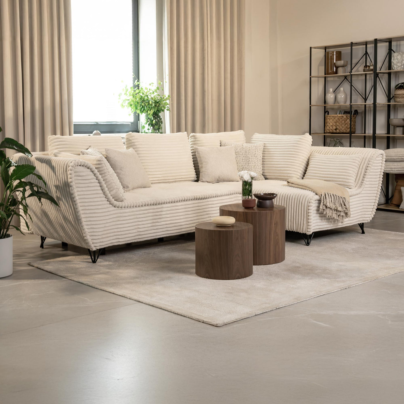 SEYNA Canapé d’angle convertible avec coffre en velours côtelé beige - Angle droit - Canapé d'angle convertible - Mobilier Deco