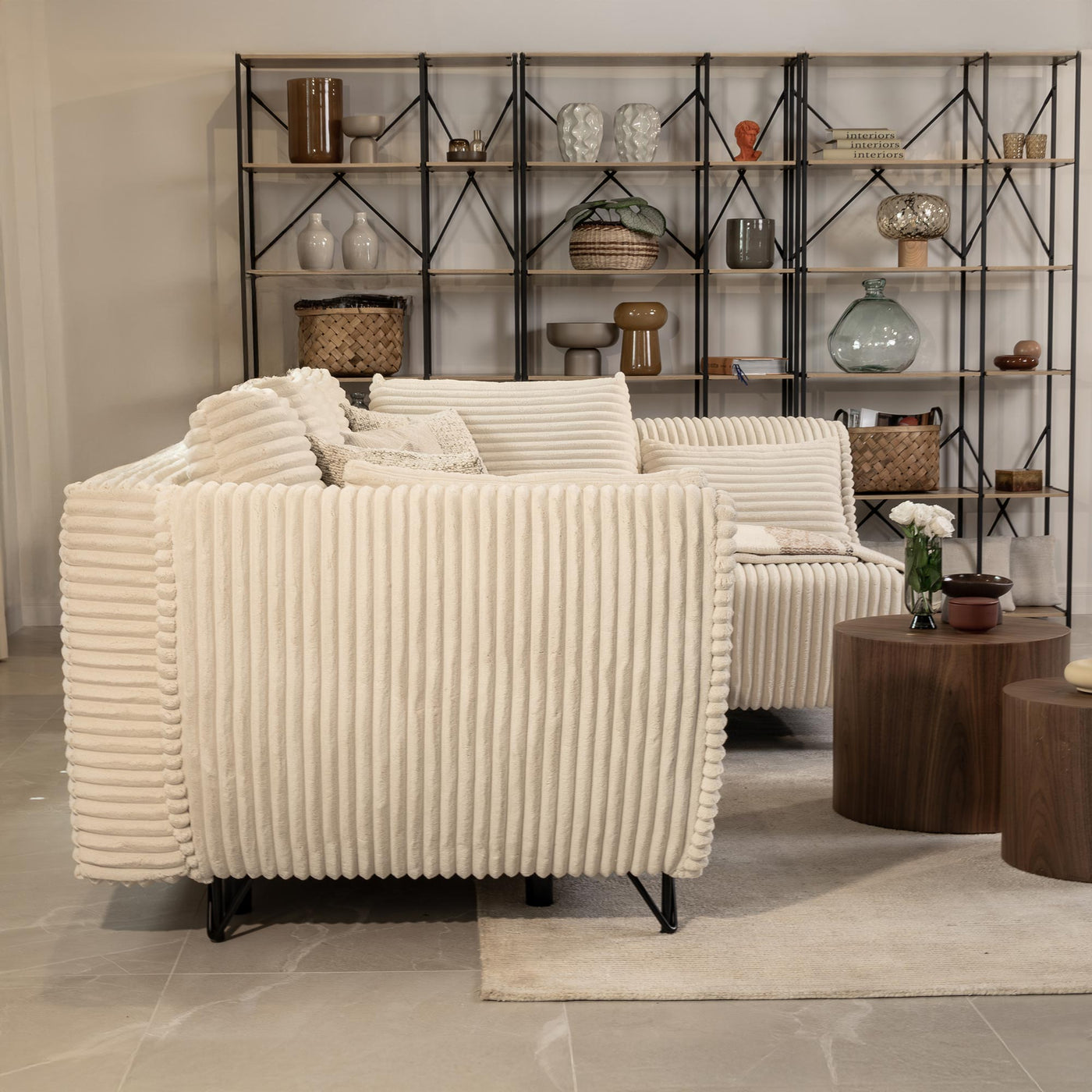 SEYNA Canapé d’angle convertible avec coffre en velours côtelé beige - Angle droit - Canapé d'angle convertible - Mobilier Deco