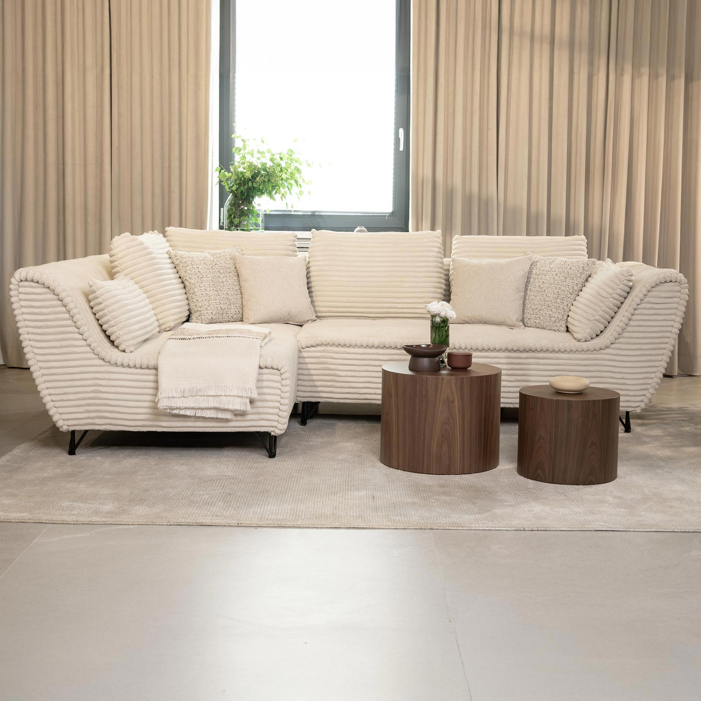 SEYNA Canapé d’angle convertible avec coffre en velours côtelé beige - Angle gauche - Canapé d'angle convertible - Mobilier Deco