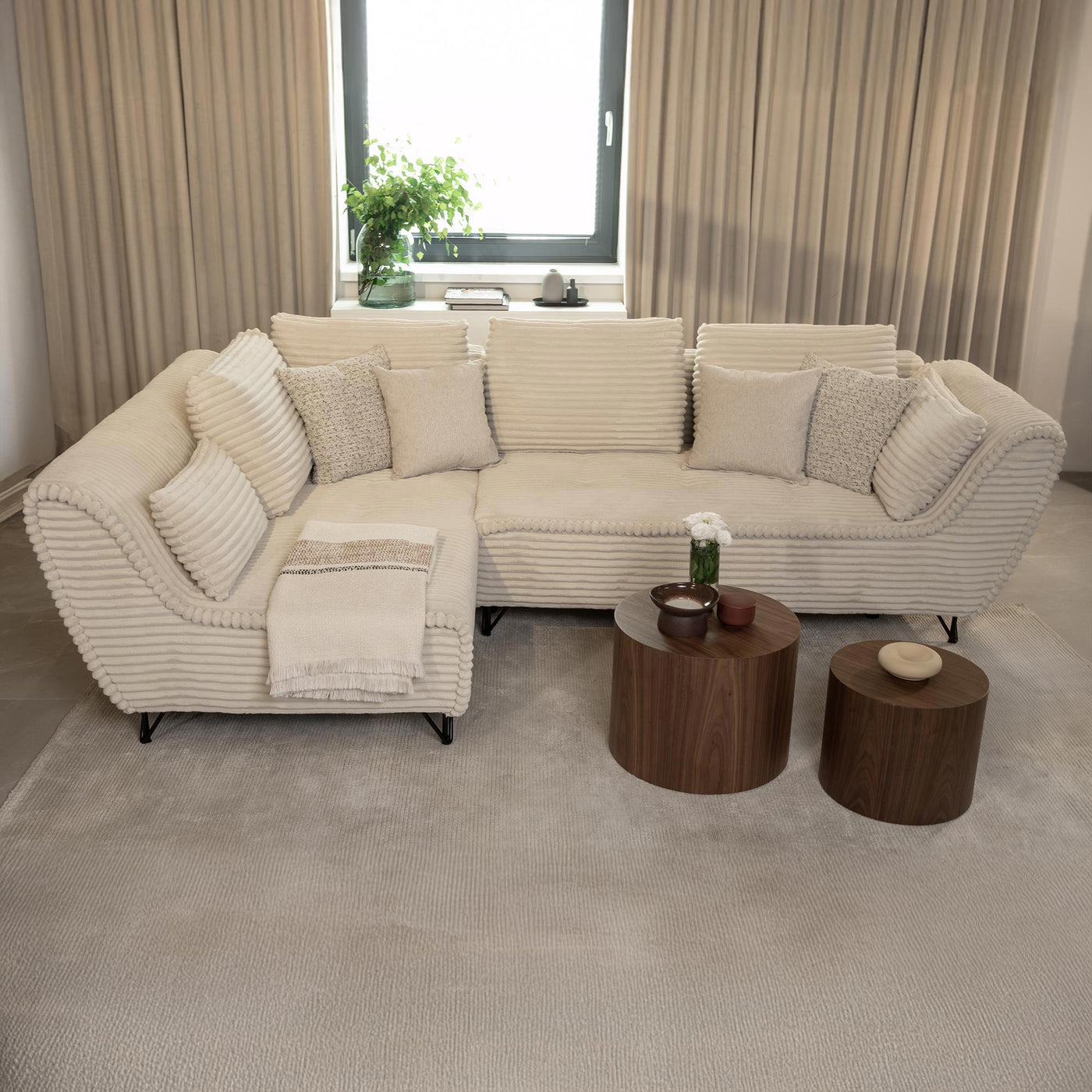 SEYNA Canapé d’angle convertible avec coffre en velours côtelé beige - Angle gauche - Canapé d'angle convertible - Mobilier Deco