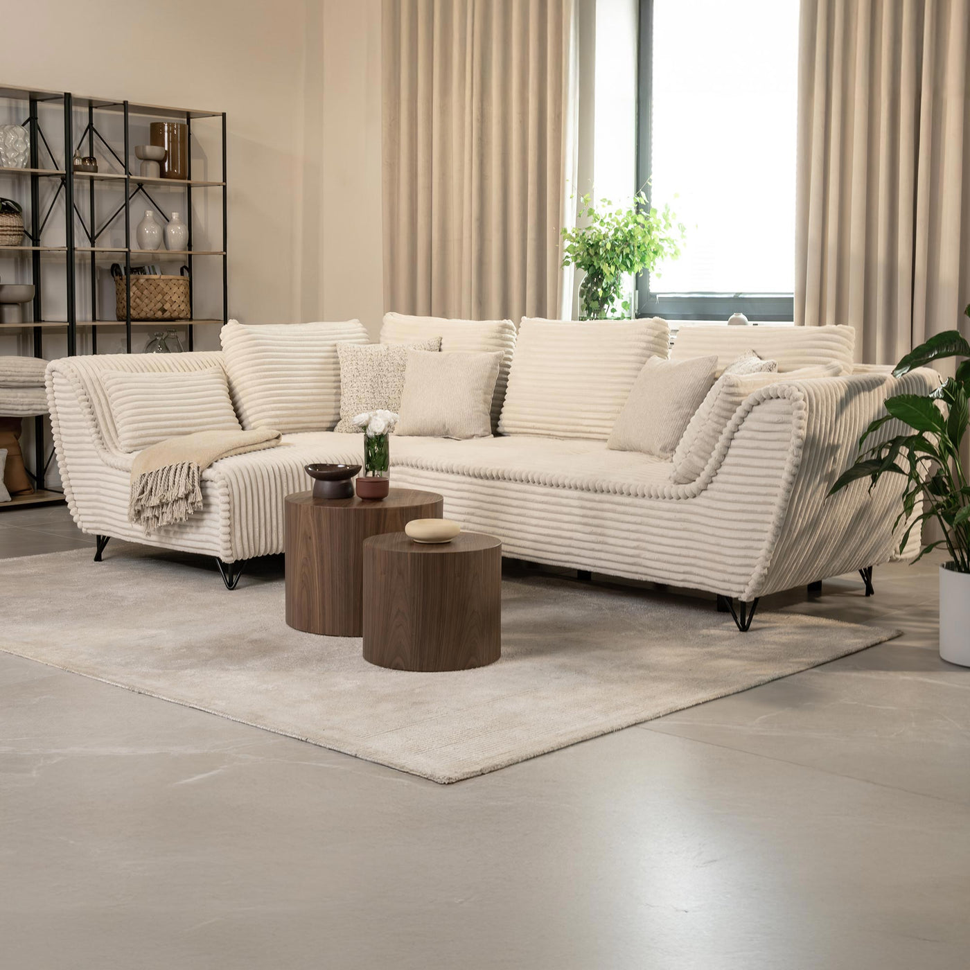 SEYNA Canapé d’angle convertible avec coffre en velours côtelé beige - Angle gauche - Canapé d'angle convertible - Mobilier Deco