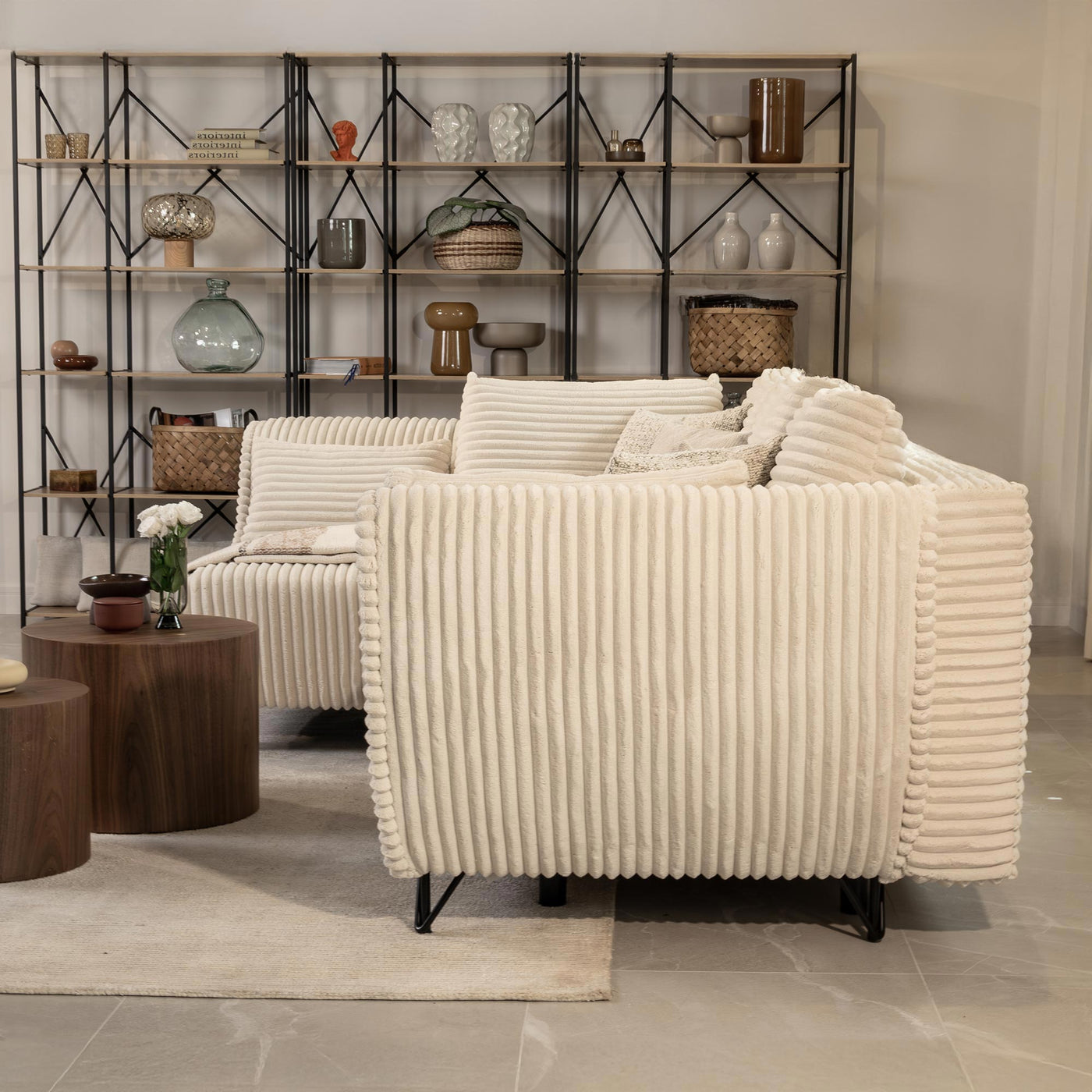 SEYNA Canapé d’angle convertible avec coffre en velours côtelé beige - Angle gauche - Canapé d'angle convertible - Mobilier Deco