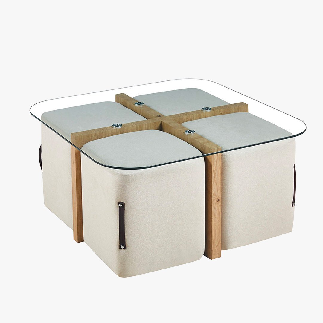SHANA Table basse en verre socle couleur bois avec 4 poufs en tissu blanc écru - Table basse - Mobilier Deco