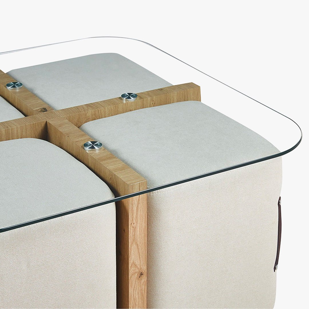 SHANA Table basse en verre socle couleur bois avec 4 poufs en tissu blanc écru - Table basse - Mobilier Deco